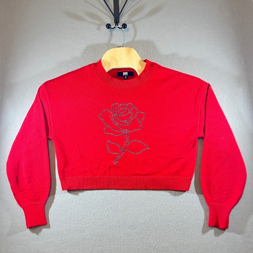 648 | Vintage NYC Red Rose Graphic Cropped Sweater Womens Medium Y2K‎